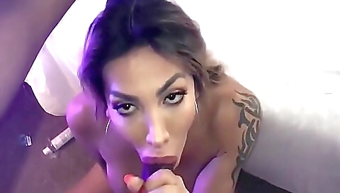 A brunette 18+ with big boobs gets a deepthroated blowjob