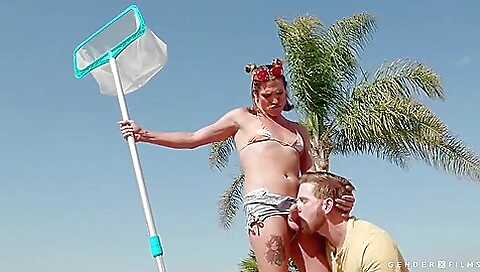 Blonde with a nice ass in the pool and a large dick