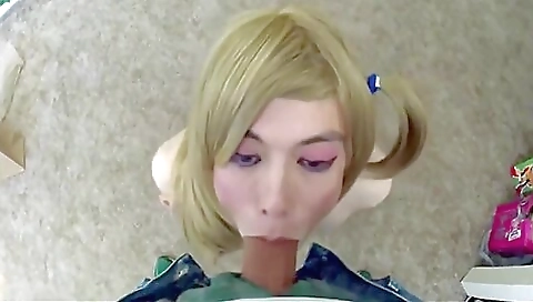 Blonde shemale deepthroated by her guy in amateur pov video