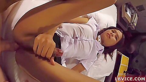 Asian brunette babe pan blows and ass fucked - pov