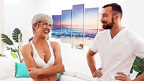 Blonde masseuse gets fucked by her guy in a massage